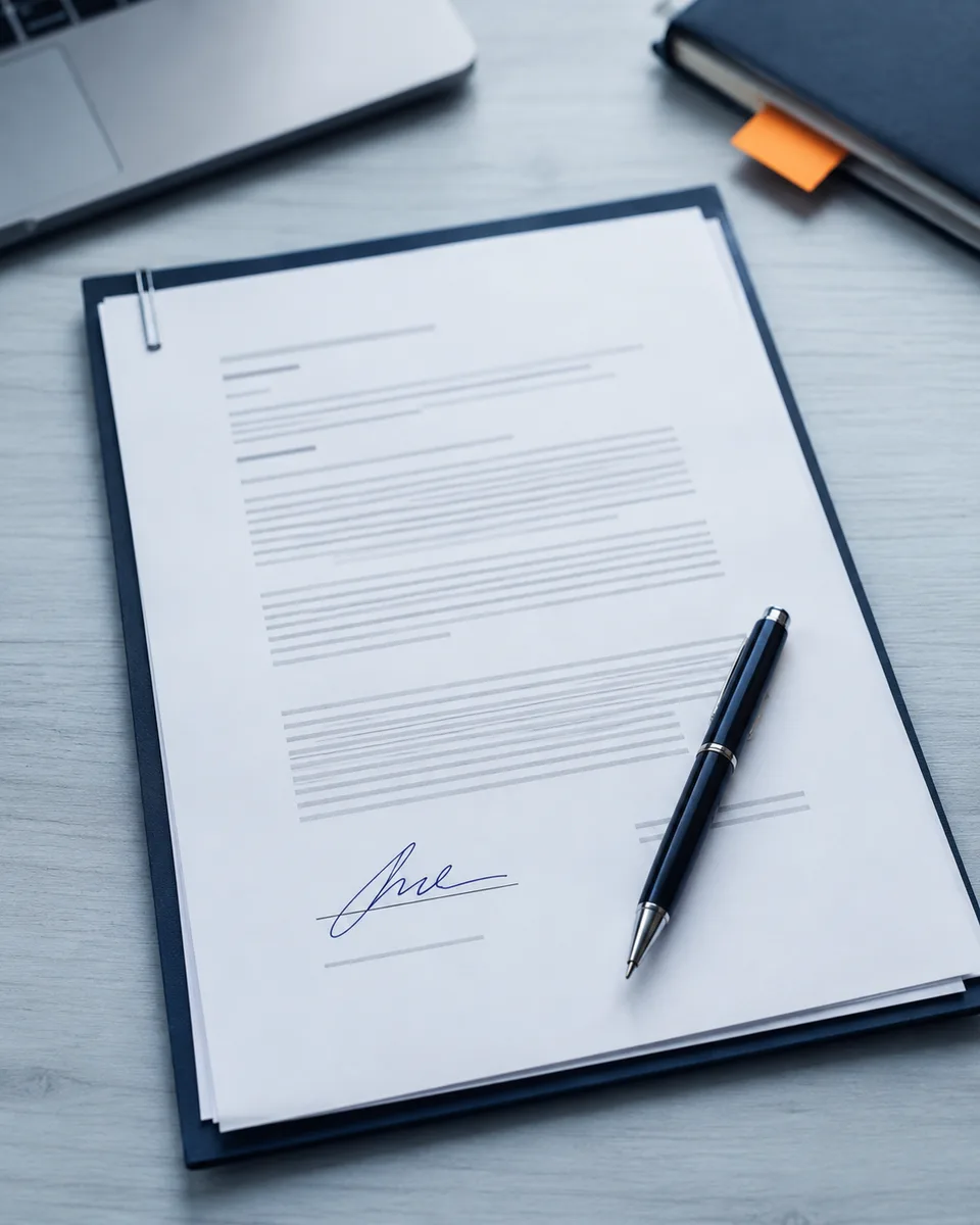 Documento legal firmado sobre una mesa, con una pluma encima