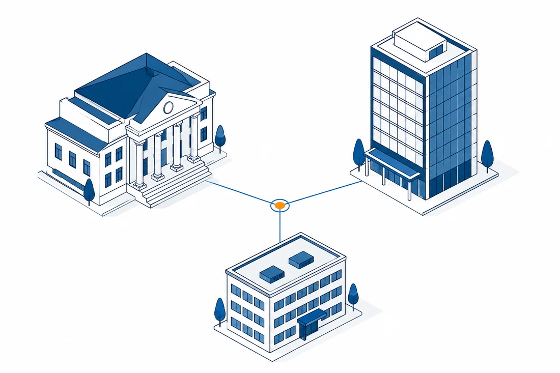 Ilustración de una sede institucional, una torre corporativa y una oficina mediana unidas por un mismo punto